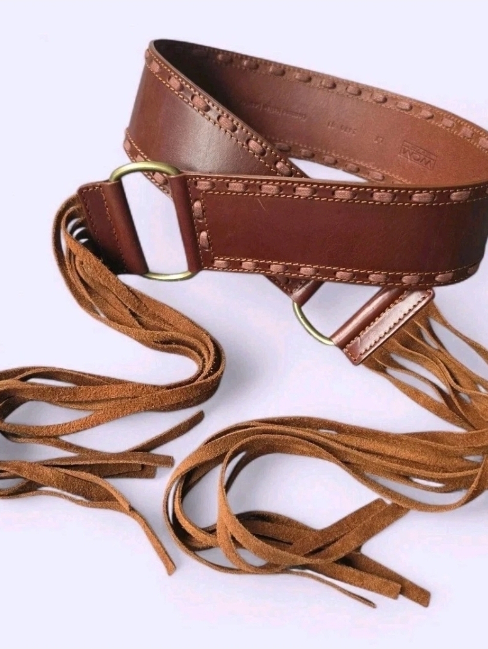 WCM New York Italian Leather Fringe Belt Brown Wide Boho Western Tie Waist 34"